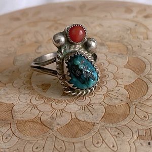 Vintage Turquoise, Coral, and Sterling ring